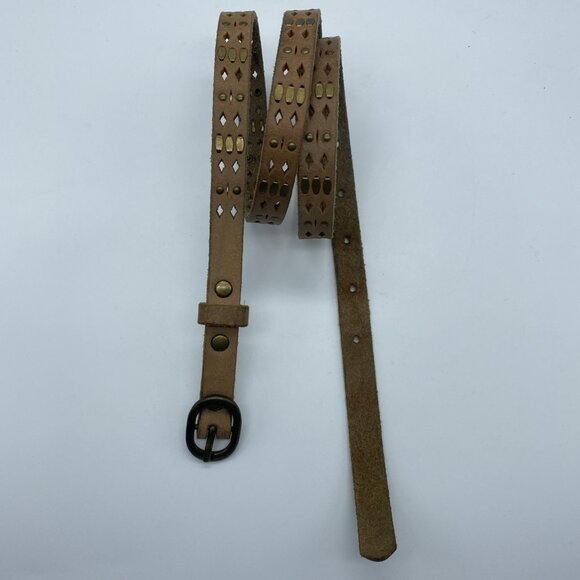 Unbranded Brown Genuine Leather Belt Embossed w/ Rivets Women's Size L Skinny - Picture 3 of 11